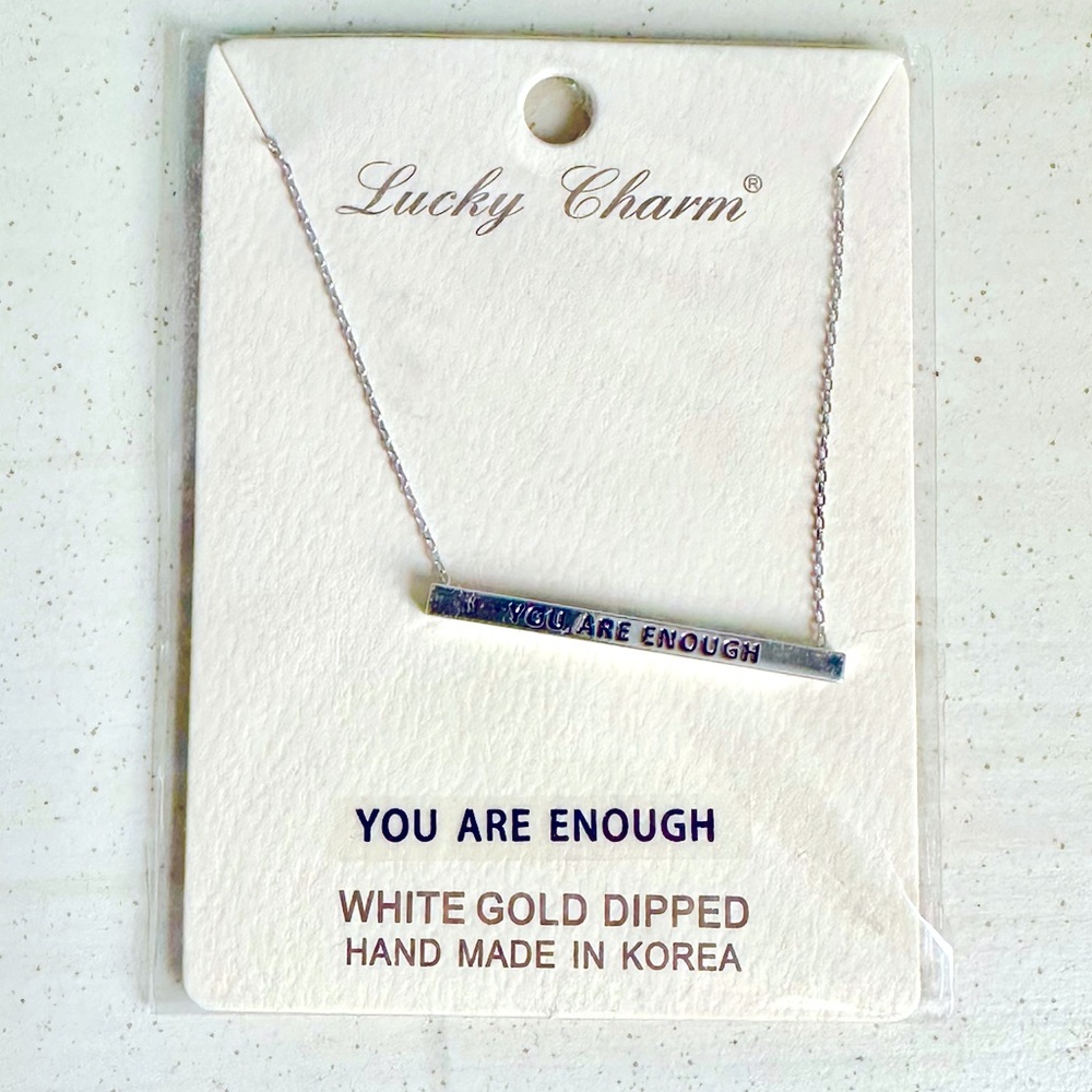 Lucky Charm Womens You Are Enough Bar Necklace Silver White Gold Dipped NWT